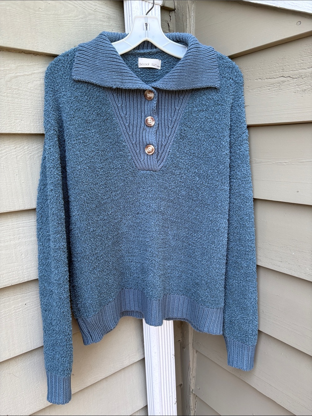 Slate Blue Boucle Knit ribbed Collar henley Sweater Sz S/M oversized relaxed fit